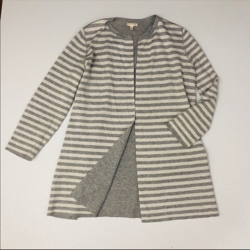 Eileen Fisher open front stripes cardigan.